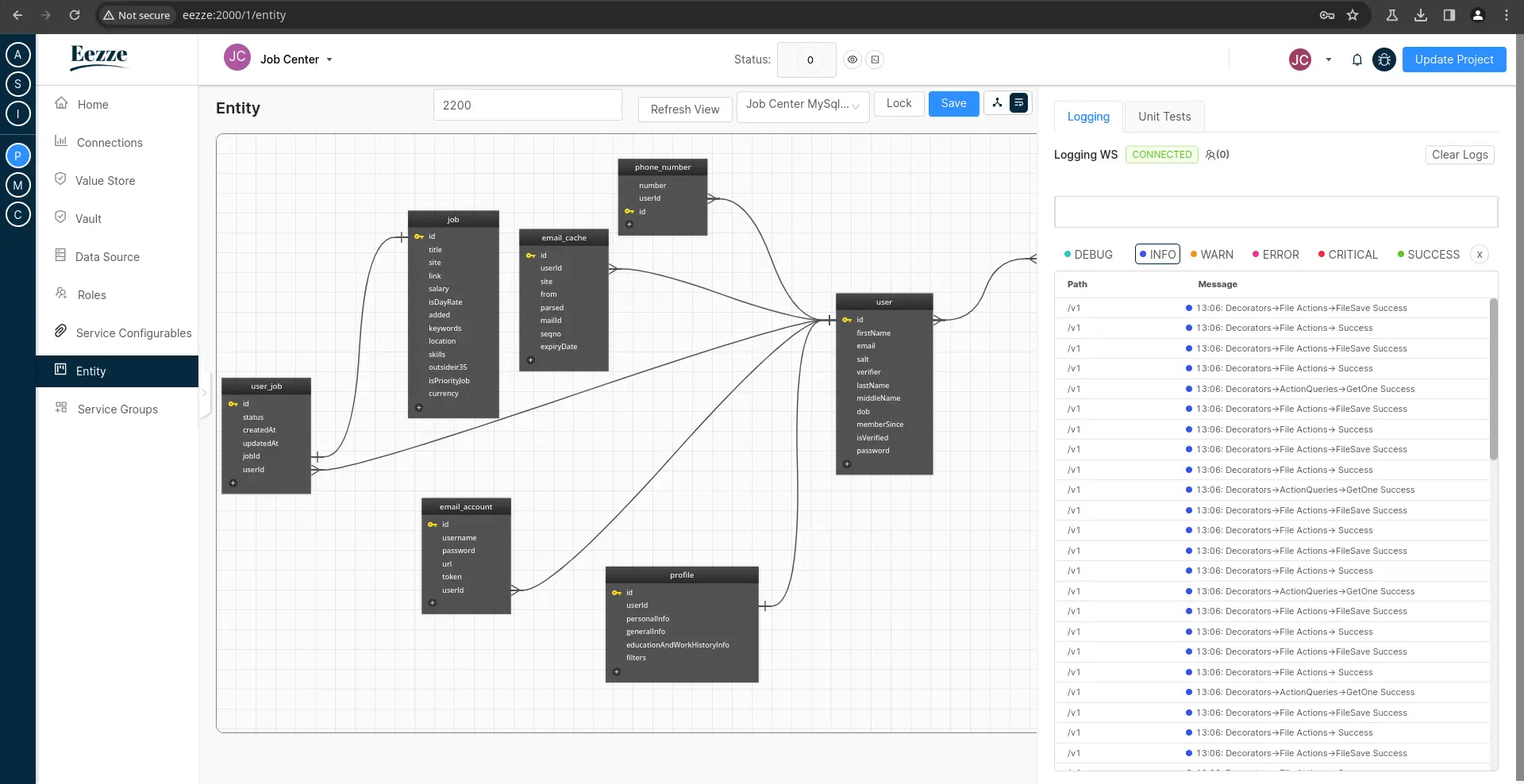 Channel websocket output to Eezze front-end